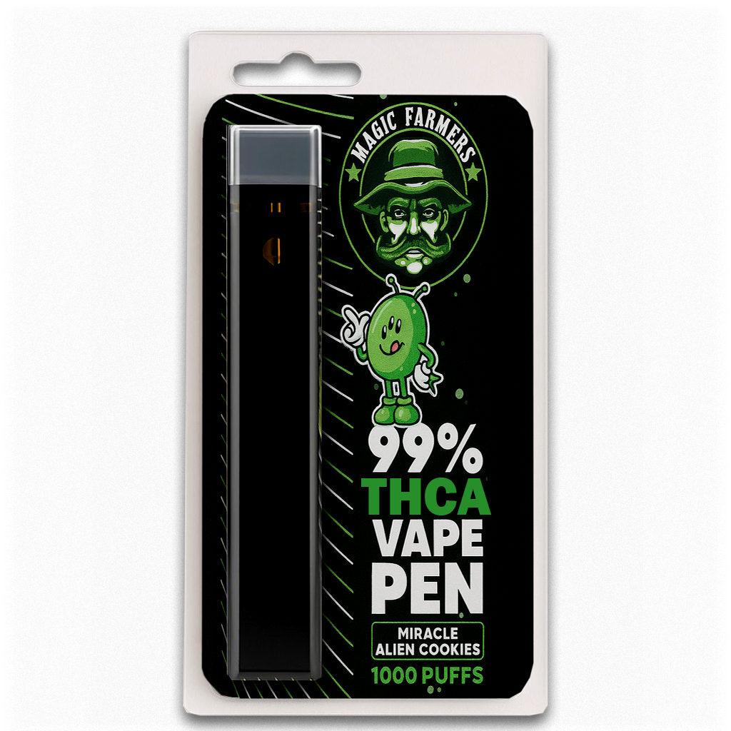 Köp THCA vape miracle alien cookies 99.4% från Magic Farmer – 1000 puffar, testad & laglig i Sverige.