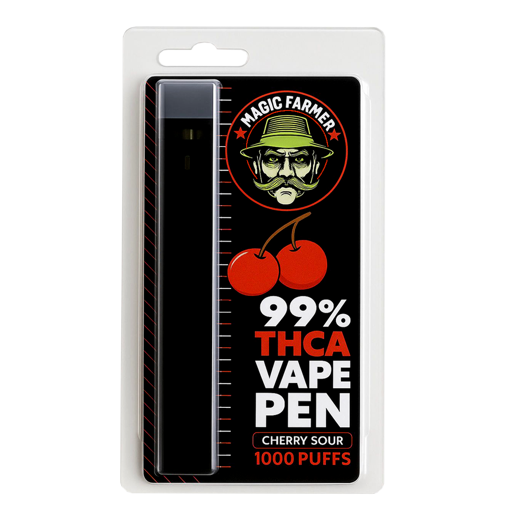 THCA vape pen Cherry Sour 99 % – 1000 puffs med syrlig körsbärssmak, laglig i Sverige