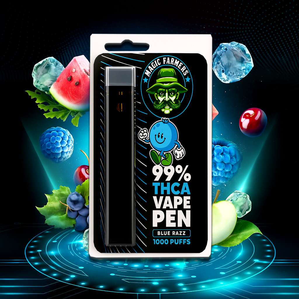Köp THCA vape blue razz 99.4% från Magic Farmer – 1000 puffar, testad & laglig i Sverige.  