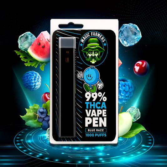 Köp THCA vape blue razz 99.4% från Magic Farmer – 1000 puffar, testad & laglig i Sverige.  