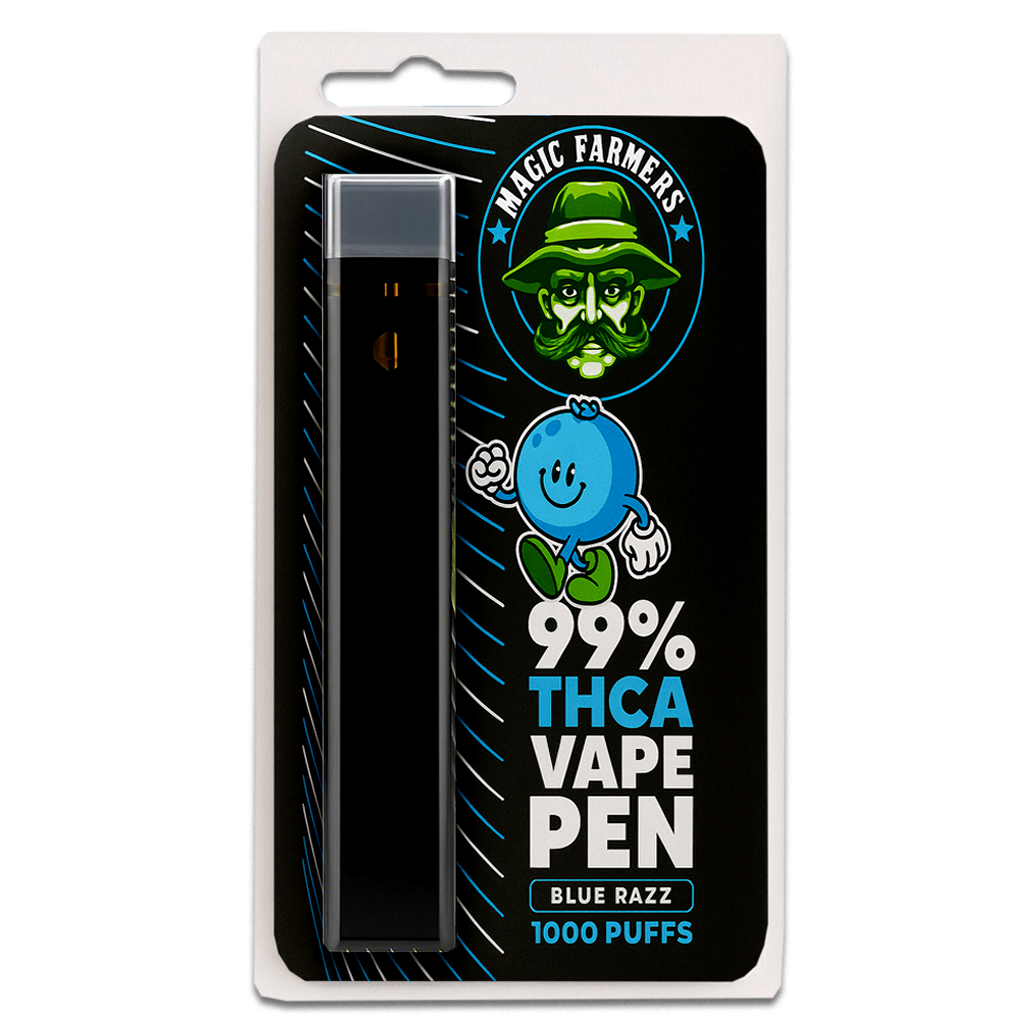 Köp THCA vape pen blue razz 99 % – 1000 puffs söt smak laglig i Sverige
