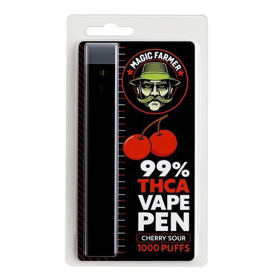 THCA vape pen Cherry Sour 99 % – 1000 puffs med syrlig körsbärssmak, laglig i Sverige
